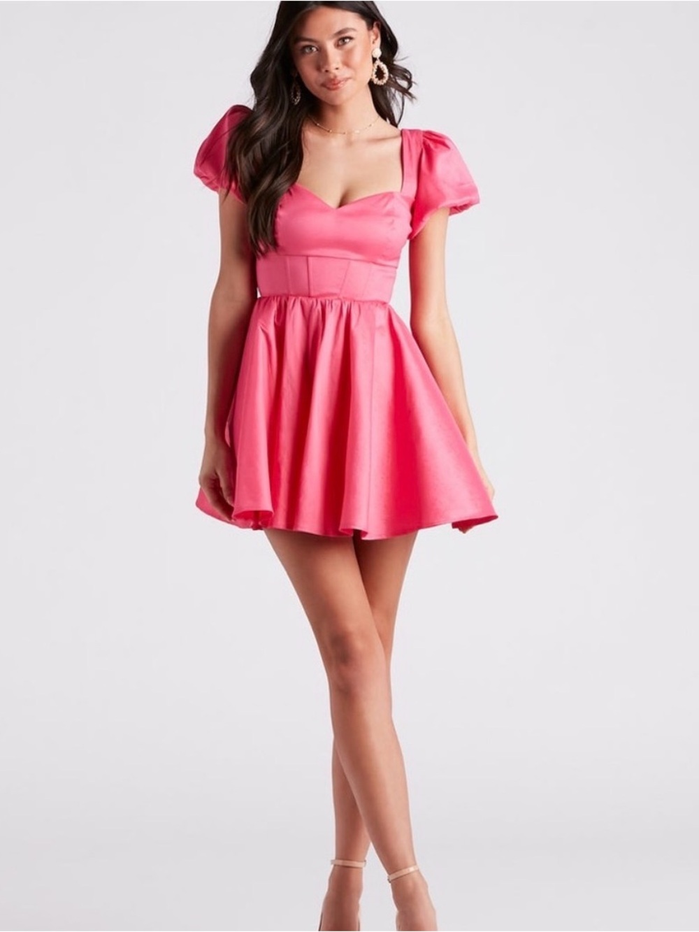 NWT Windsor Bri Taffeta Pink Puff Sleeve Mini Dress Size S